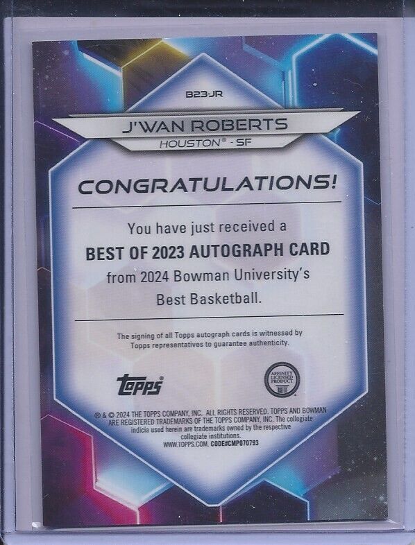 J'WAN ROBERTS 2023 BOWMANS BEST TEAL GEOMETRIC REFRACTOR HOUSTON AUTO #D 5/15
