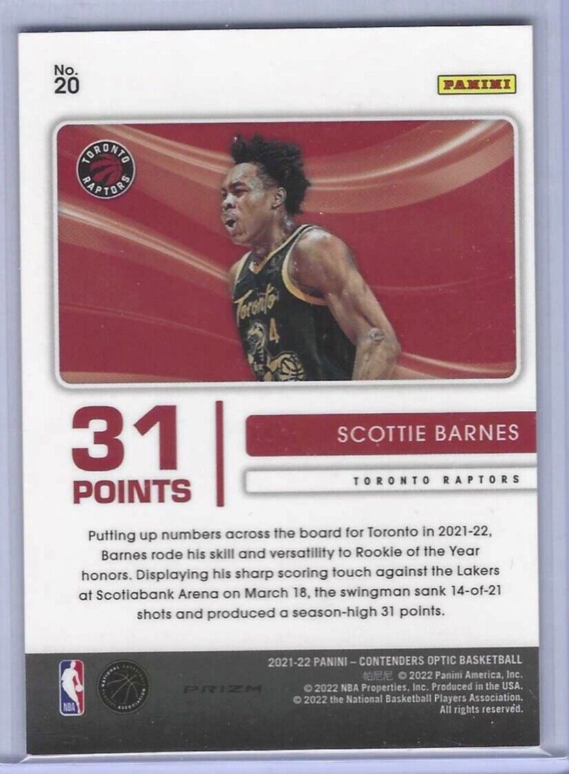 SCOTTIE BARNES 2021-22 PANINI OPTIC CONTENDERS RED CRACKED ICE NUMBERS RC #20