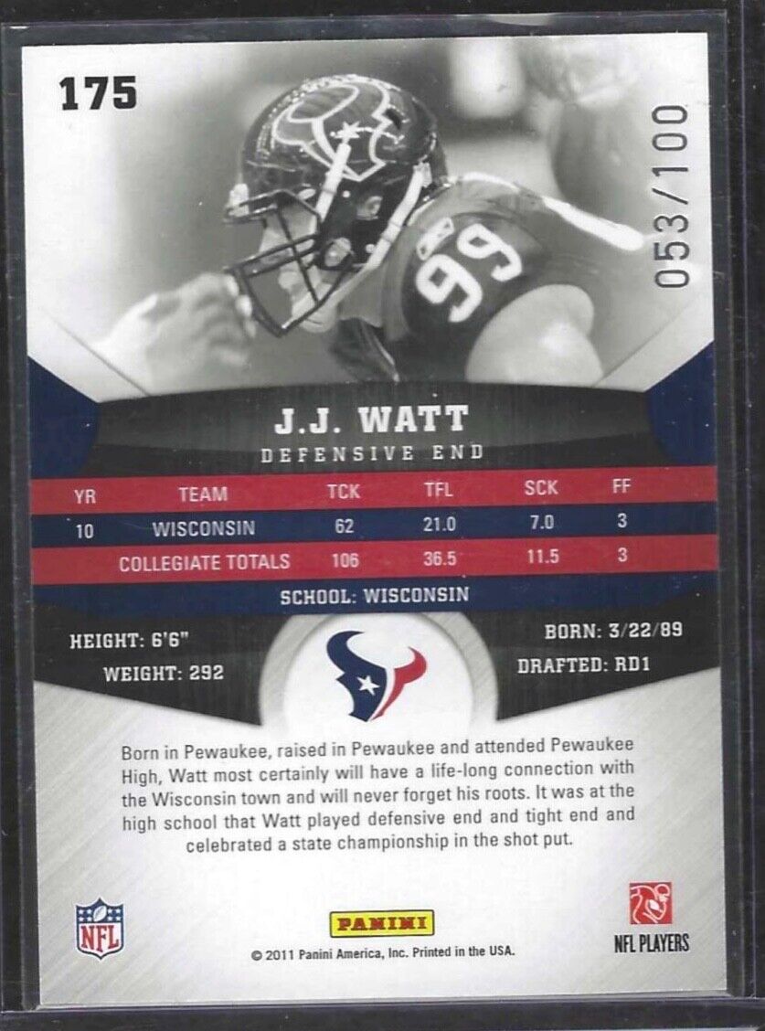 JJ WATT 2011 PANINI GRIDIRON GEAR GOLD FOIL ROOKIE RC #D 53/100