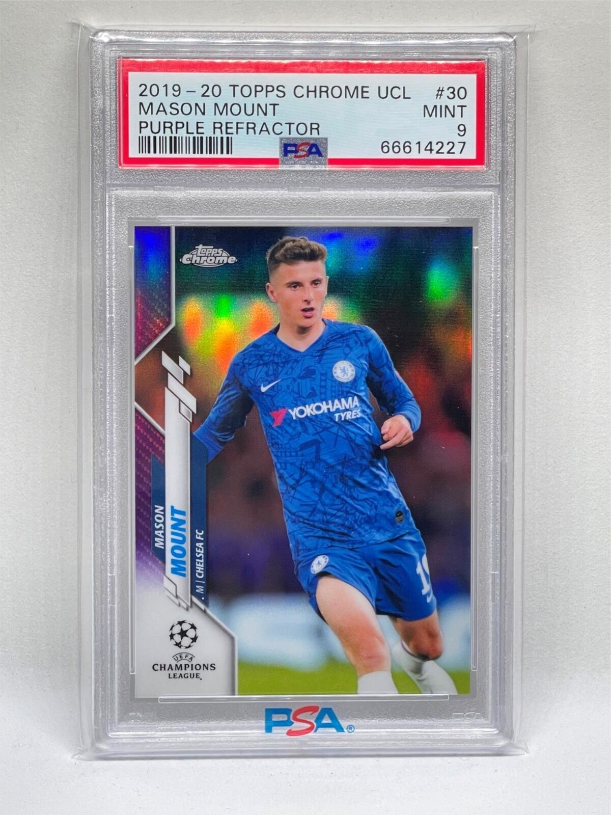 MASON MOUNT 2019-20 TOPPS CHROME UCL PURPLE REFRACTOR RC #D 171/250 PSA 9 MINT