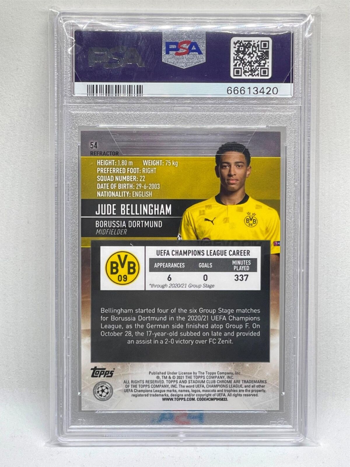 JUDE BELLINGHAM 2020-21 STADIUM CLUB CHROME REFRACTOR ROOKIE RC #54 PSA 9 POP 12