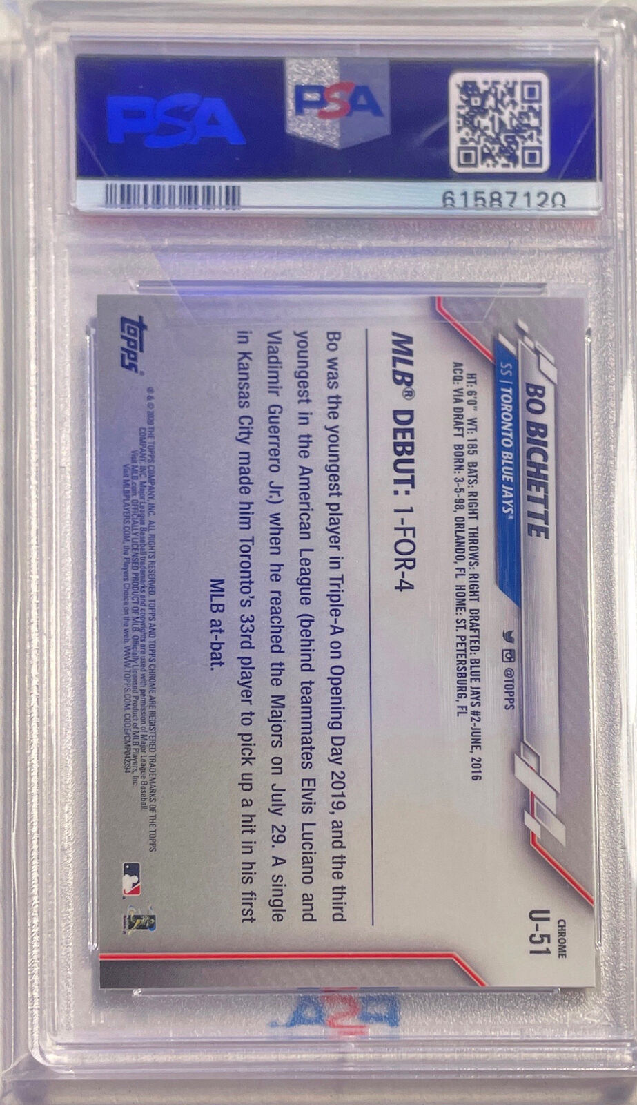 BO BICHETTE 2020 TOPPS CHROME UPDATE ROOKIE RC #U51 PSA 10 GEM MINT