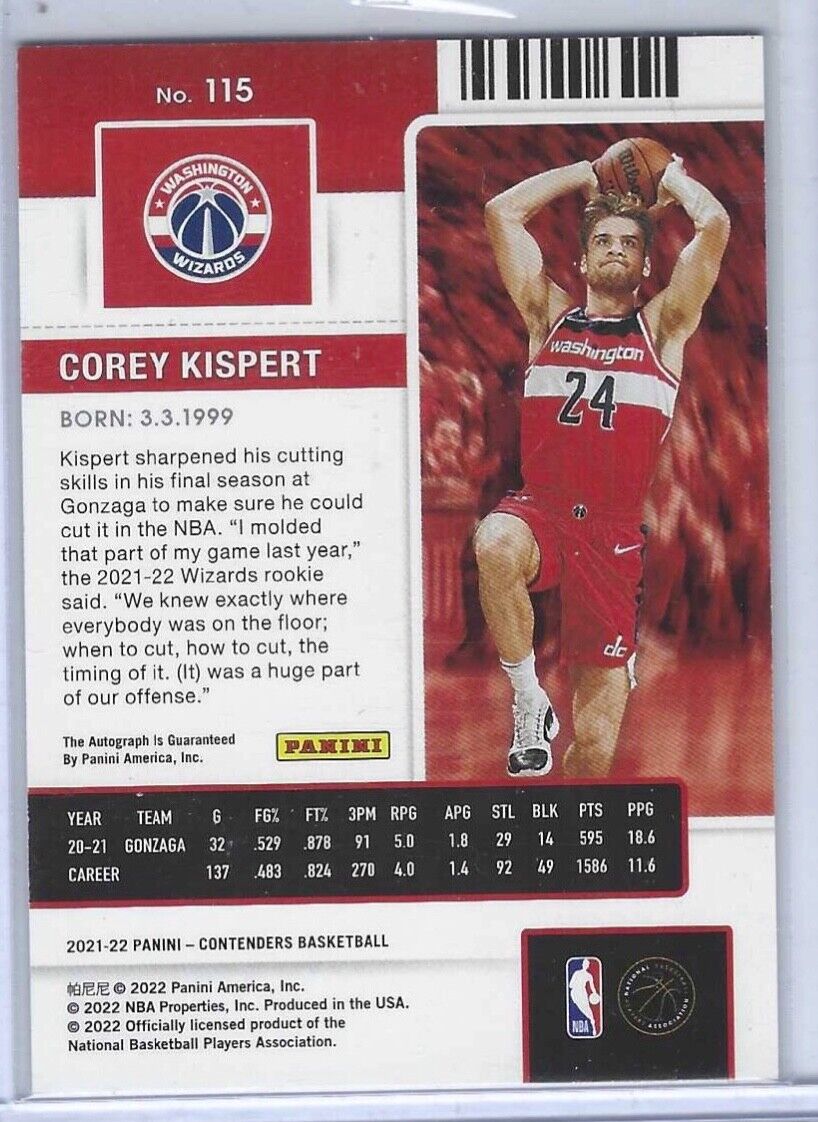 1/1 COREY KISPERT 2021-22 CONTENDERS PLAYOFF TICKET AUTO RC #D 24/99 JERSEY #24!