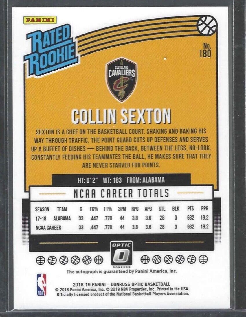 COLLIN SEXTON 2018-19 PANINI DONRUSS OPTIC RATED ROOKIE ON CARD AUTO RC #180