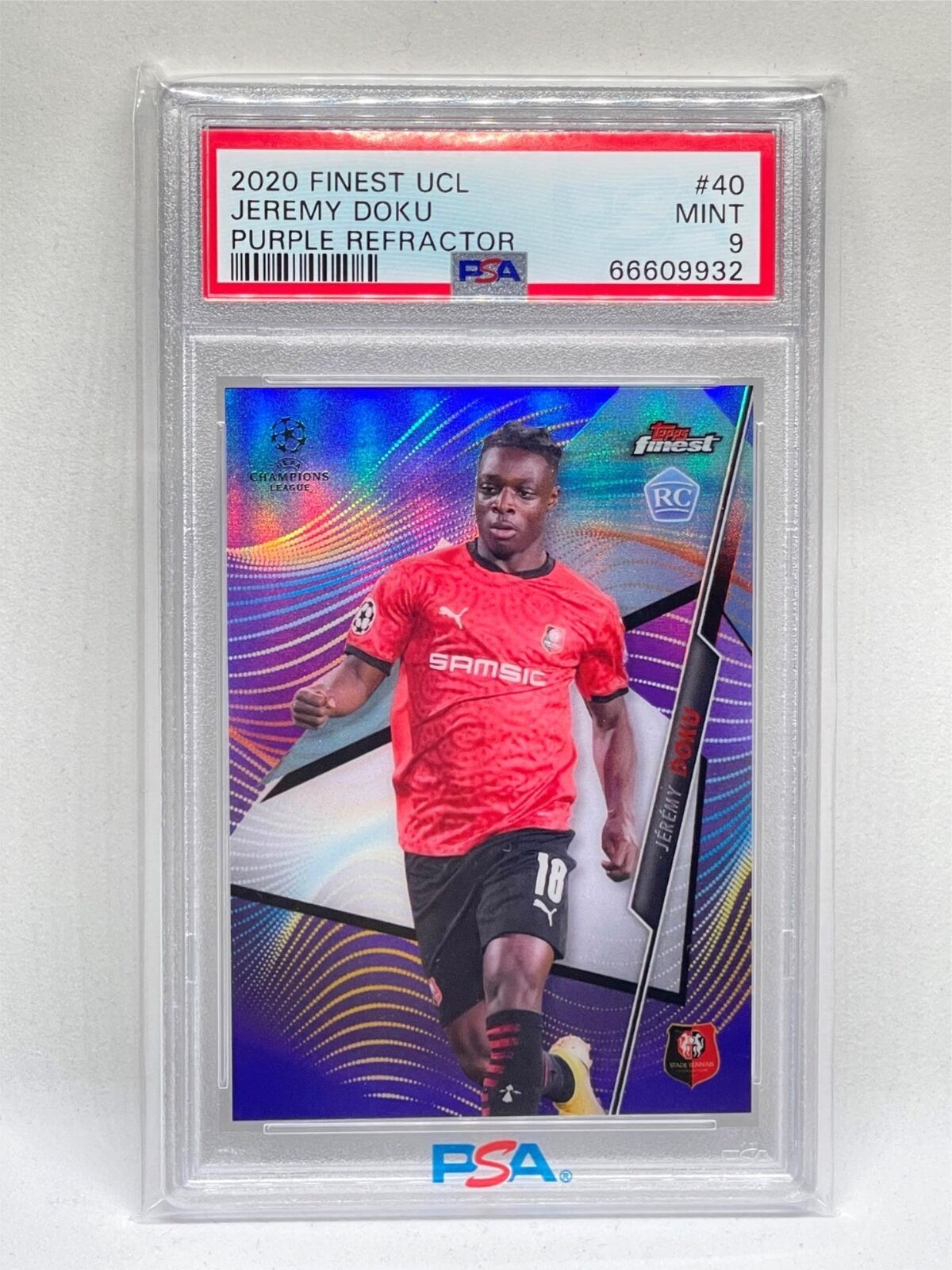 JEREMY DOKU 2020-21 TOPPS FINEST UCL PURPLE REFRACTOR RC #D 209/250 PSA 9 POP 2