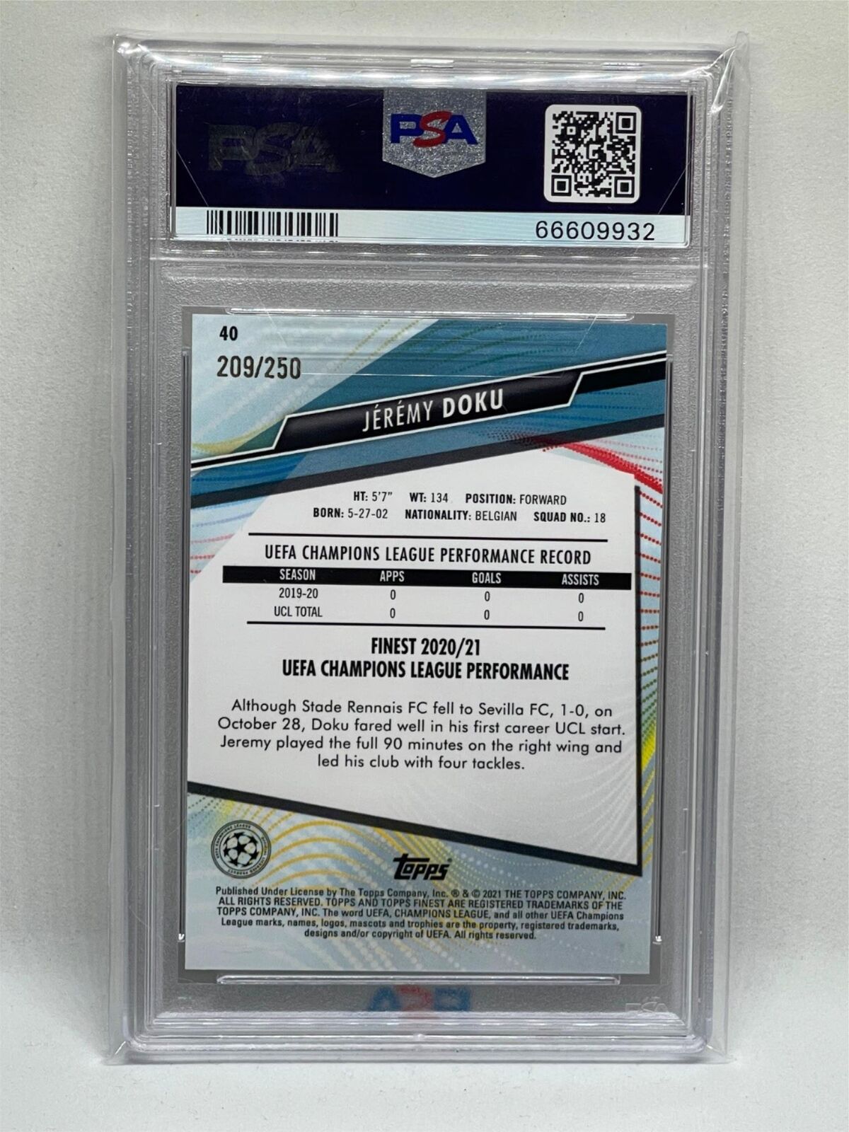 JEREMY DOKU 2020-21 TOPPS FINEST UCL PURPLE REFRACTOR RC #D 209/250 PSA 9 POP 2