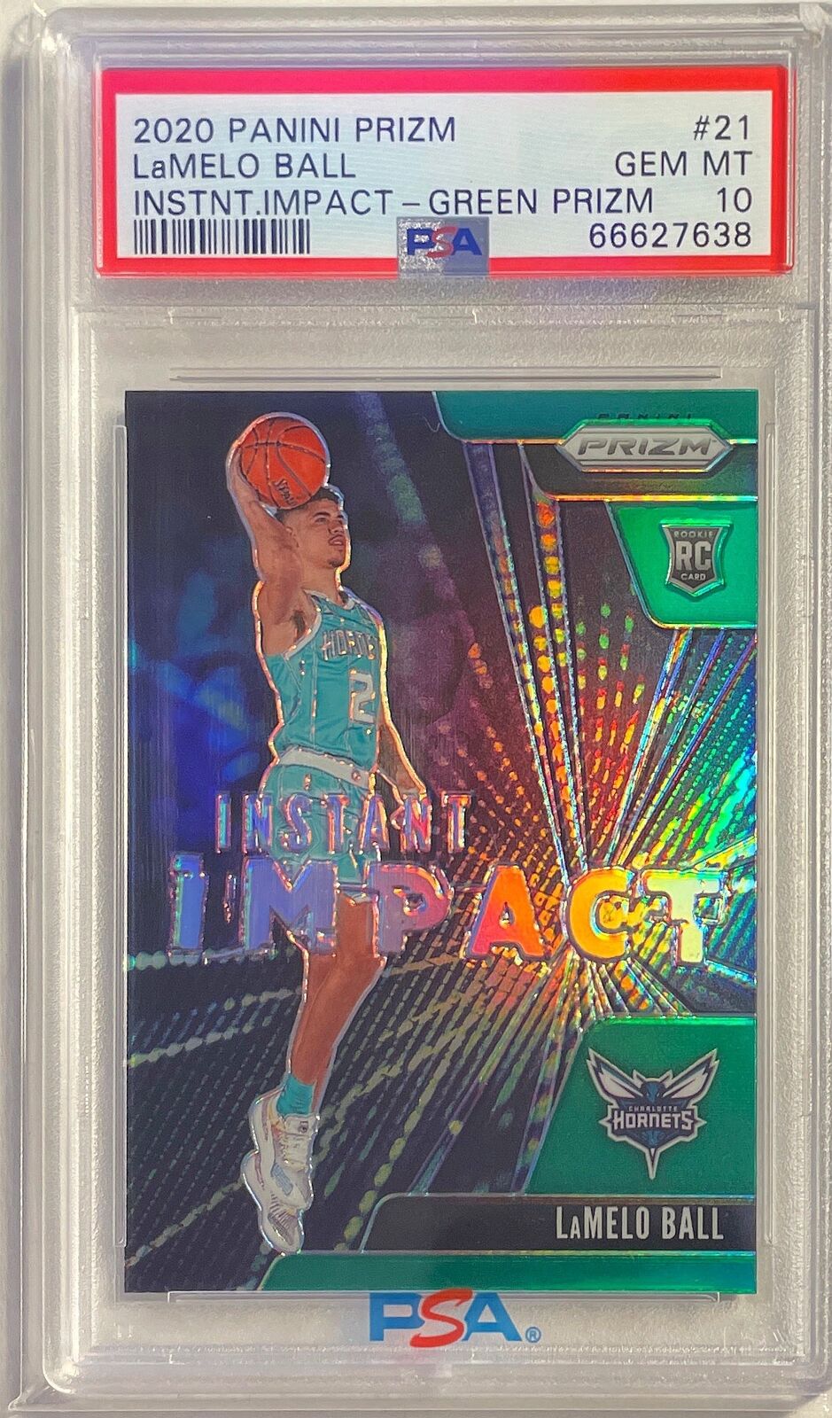 LAMELO BALL 2020-21 PANINI PRIZM INSTANT IMPACT GREEN PRIZM RC #21 PSA 10 POP 36