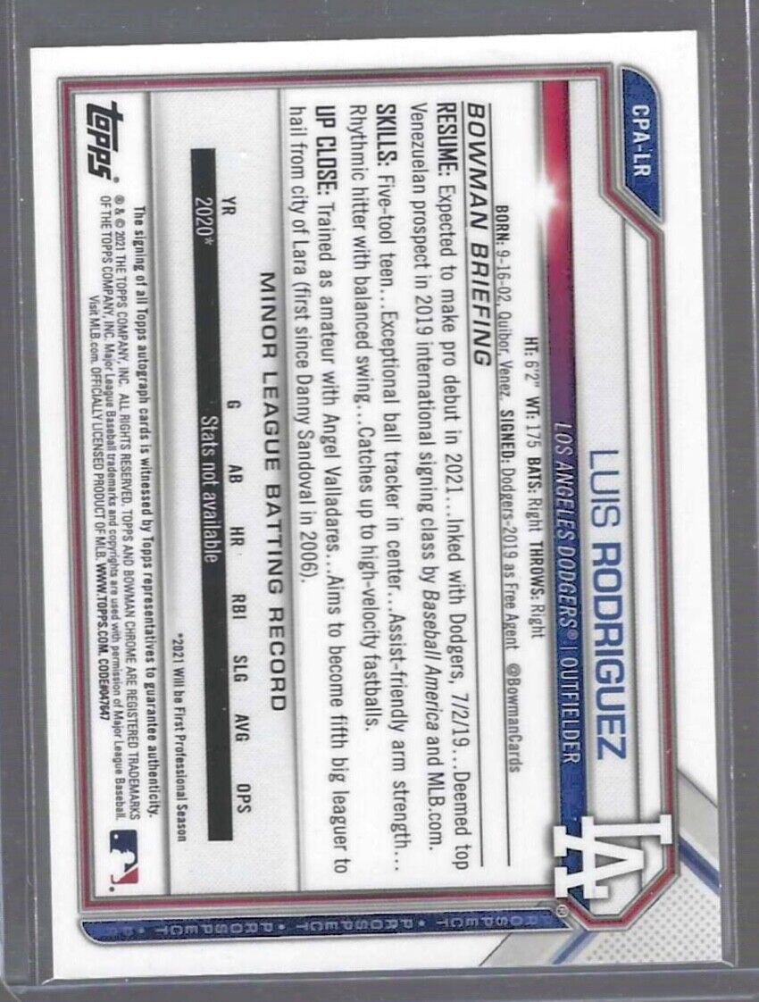 LUIS RODRIGUEZ 2021 BOWMAN CHROME 1ST PROSPECT ON CARD AUTO #CPA-LR