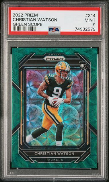 CHRISTIAN WATSON 2022 PANINI PRIZM GREEN SCOPE PRIZM RC 43/75 PSA 9 MINT POP 5
