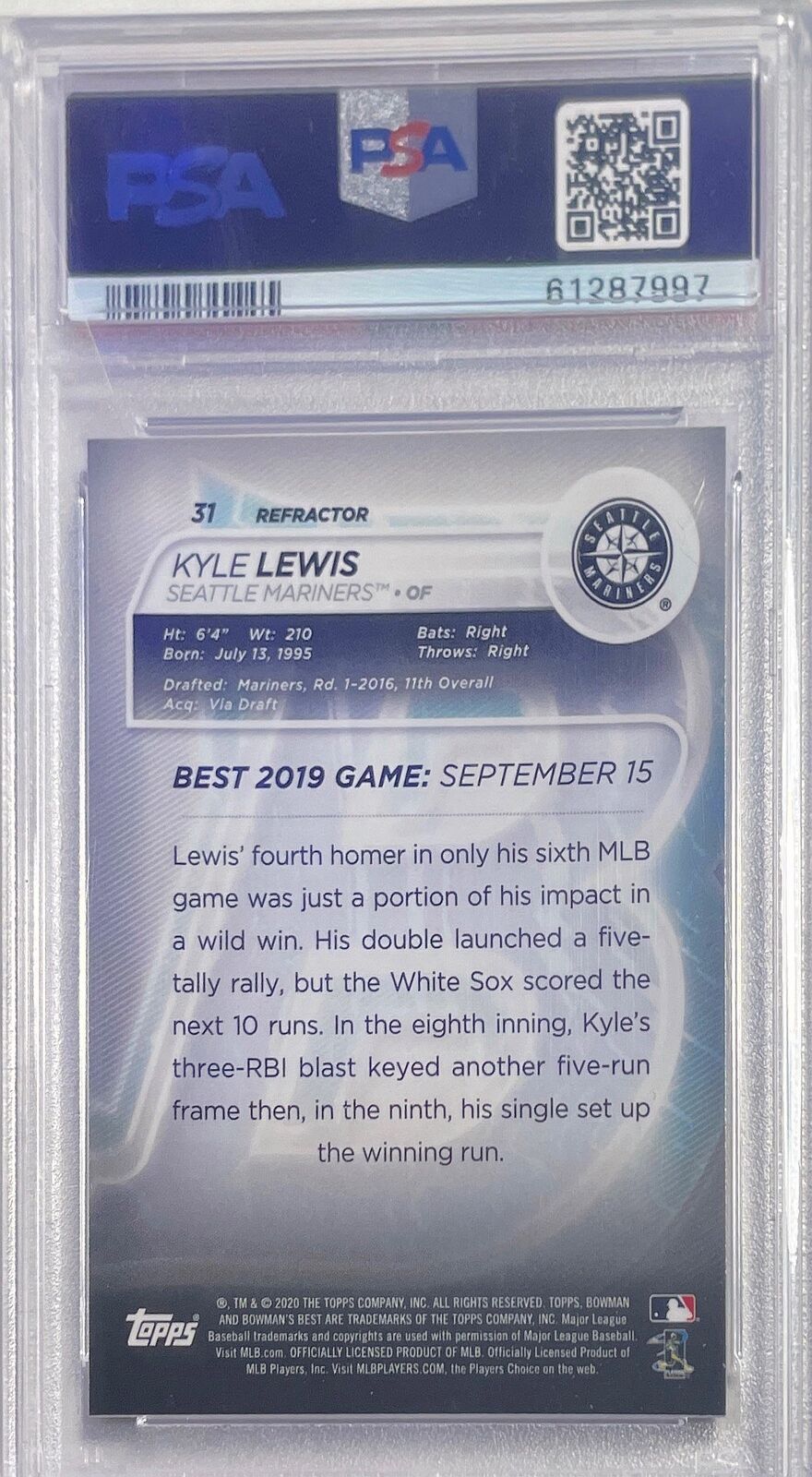 KYLE LEWIS 2020 BOWMAN'S BEST REFRACTOR ROOKIE RC #31 PSA 10 GEM MINT