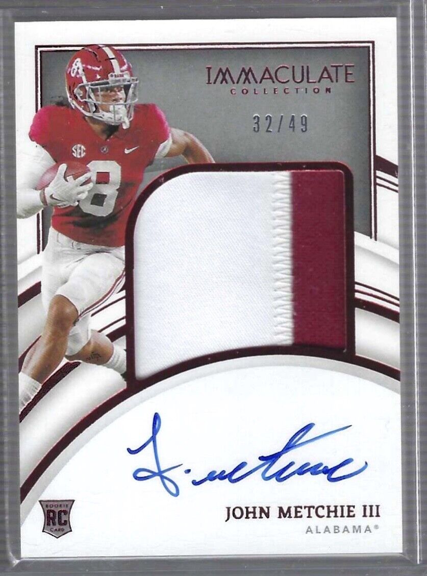 JOHN METCHIE III 2022 PANINI IMMACULATE RED RPA PATCH ON CARD AUTO RC #D 32/49