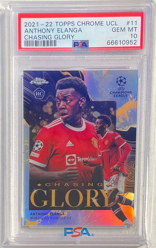 ANTHONY ELANGA 2021-22 TOPPS CHROME UCL CHASING GLORY RC #11 PSA 10 GEM POP 4
