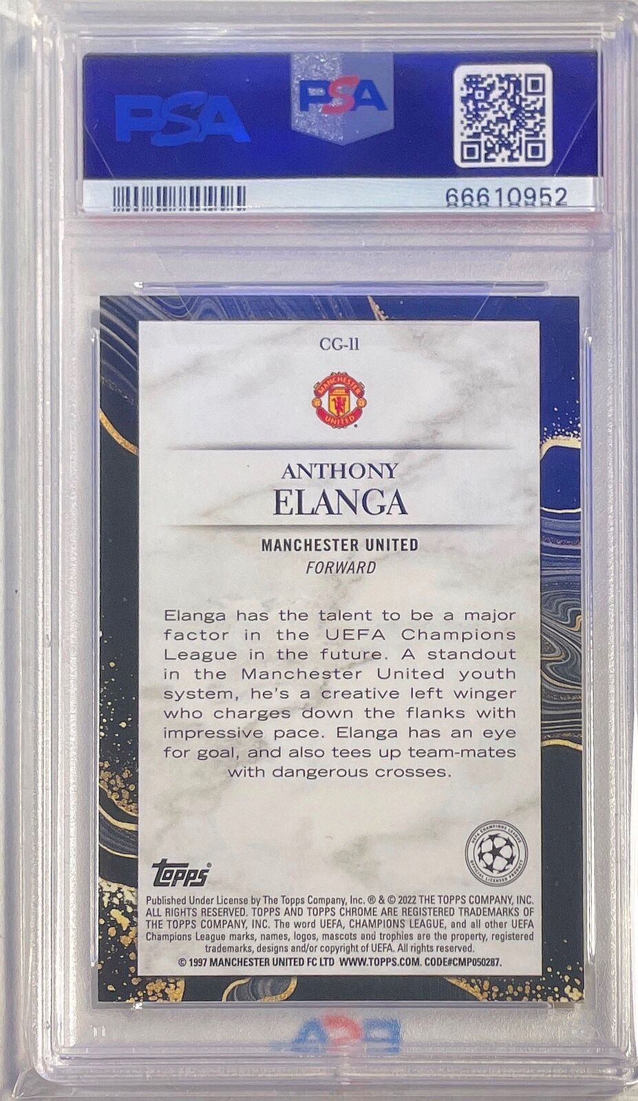 ANTHONY ELANGA 2021-22 TOPPS CHROME UCL CHASING GLORY RC #11 PSA 10 GEM POP 4