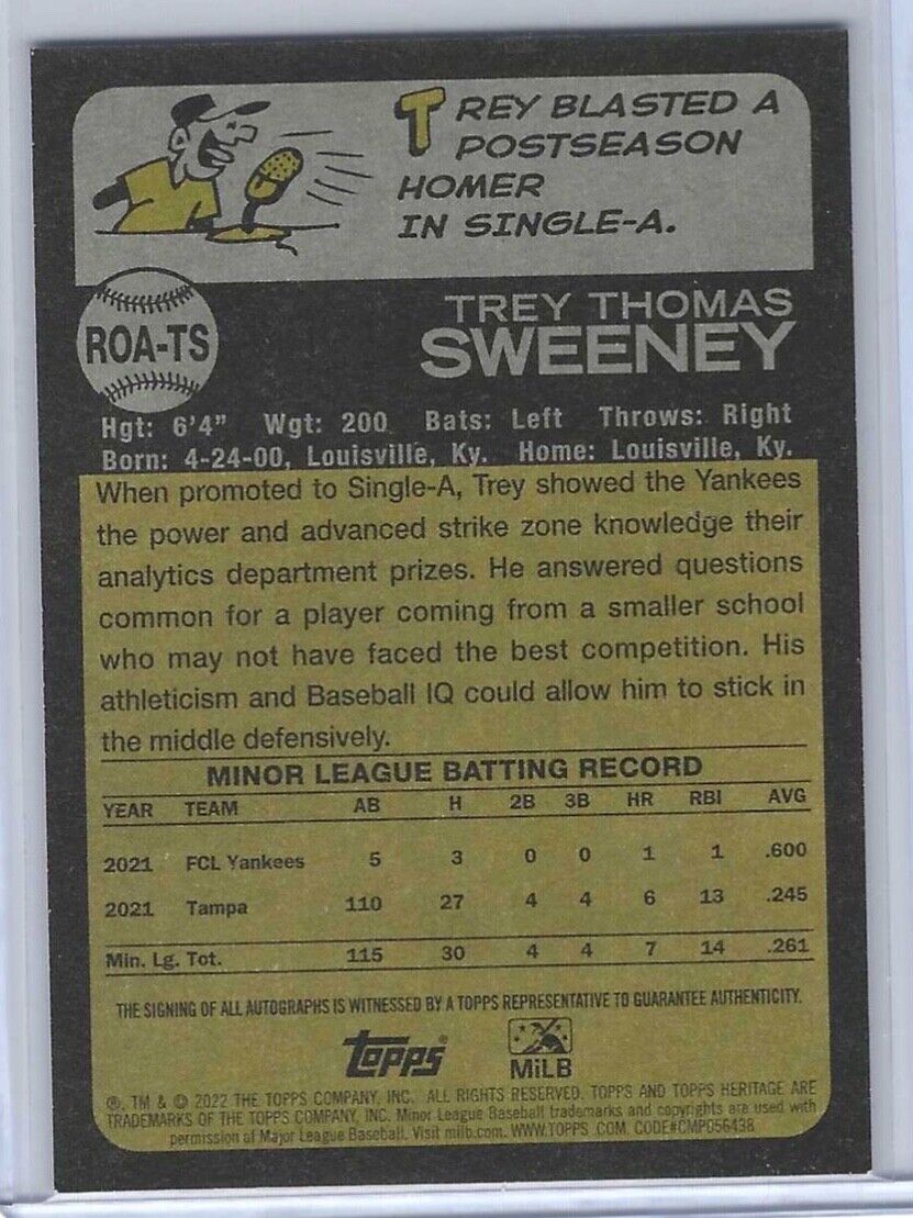 TREY SWEENEY 2022 TOPPS HERITAGE MINOR LEAGUE PROSPECT REAL ONE AUTO #ROA-TS