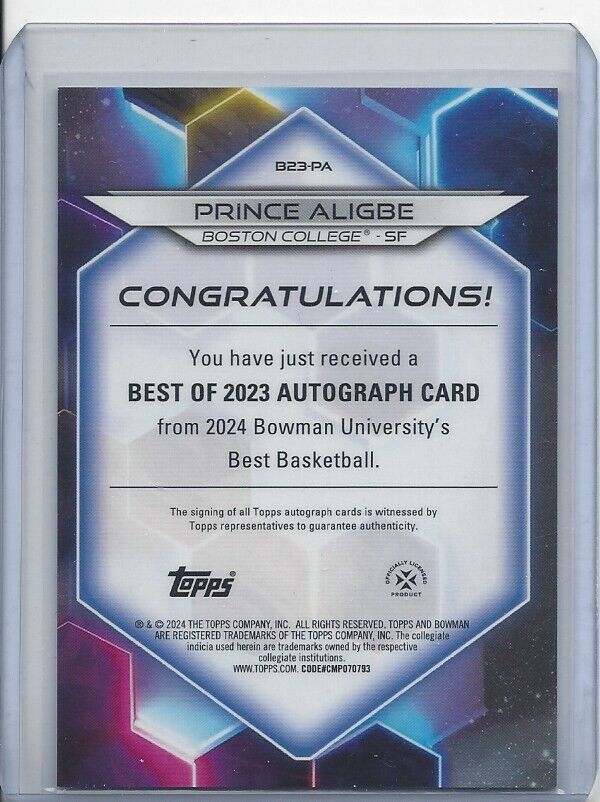 PRINCE ALIGBE 2023 BOWMANS BEST RED REFRACTOR BOSTON COLLEGE AUTO #D 6/10