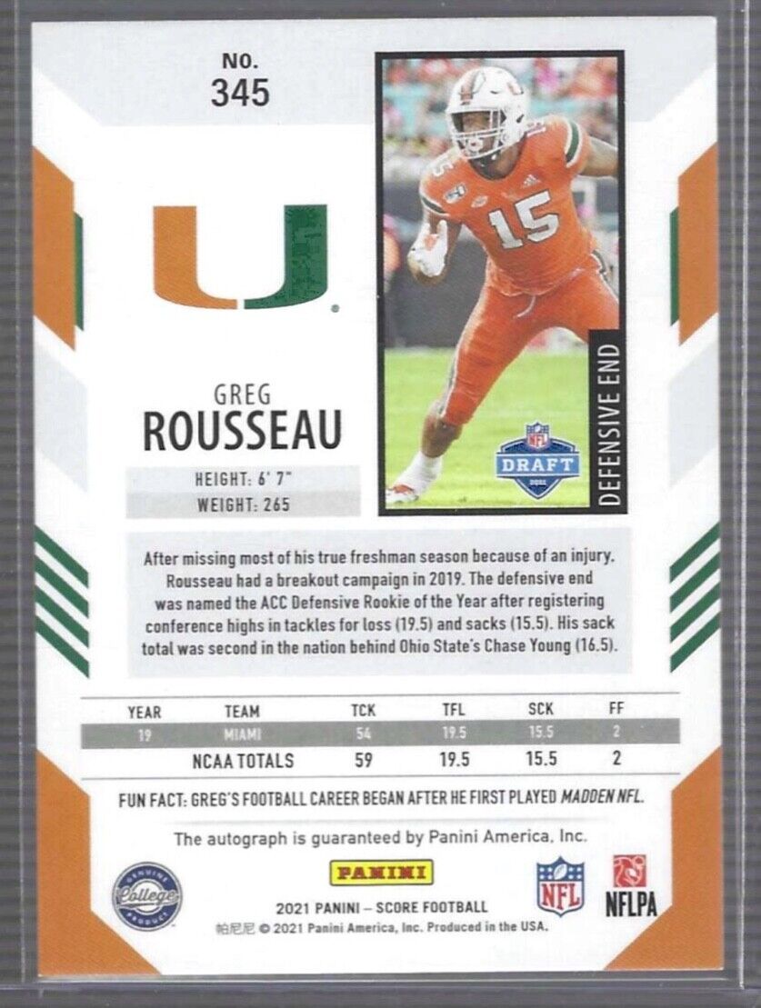 GREG ROUSSEAU 2021 PANINI SCORE GREEN SP ROOKIE AUTO RC #345