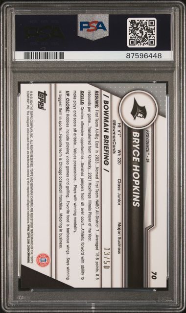 BRYCE HOPKINS 2023 BOWMAN UNIVERSITY CHROME 1ST GOLD SHIMMER /50 PSA 10 POP 2