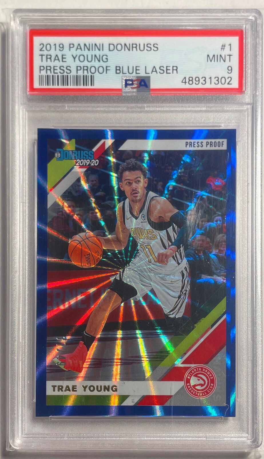 TRAE YOUNG 2019-20 PANINI DONRUSS PRESS PROOF BLUE LASER #D 37/49 PSA 9 POP 5