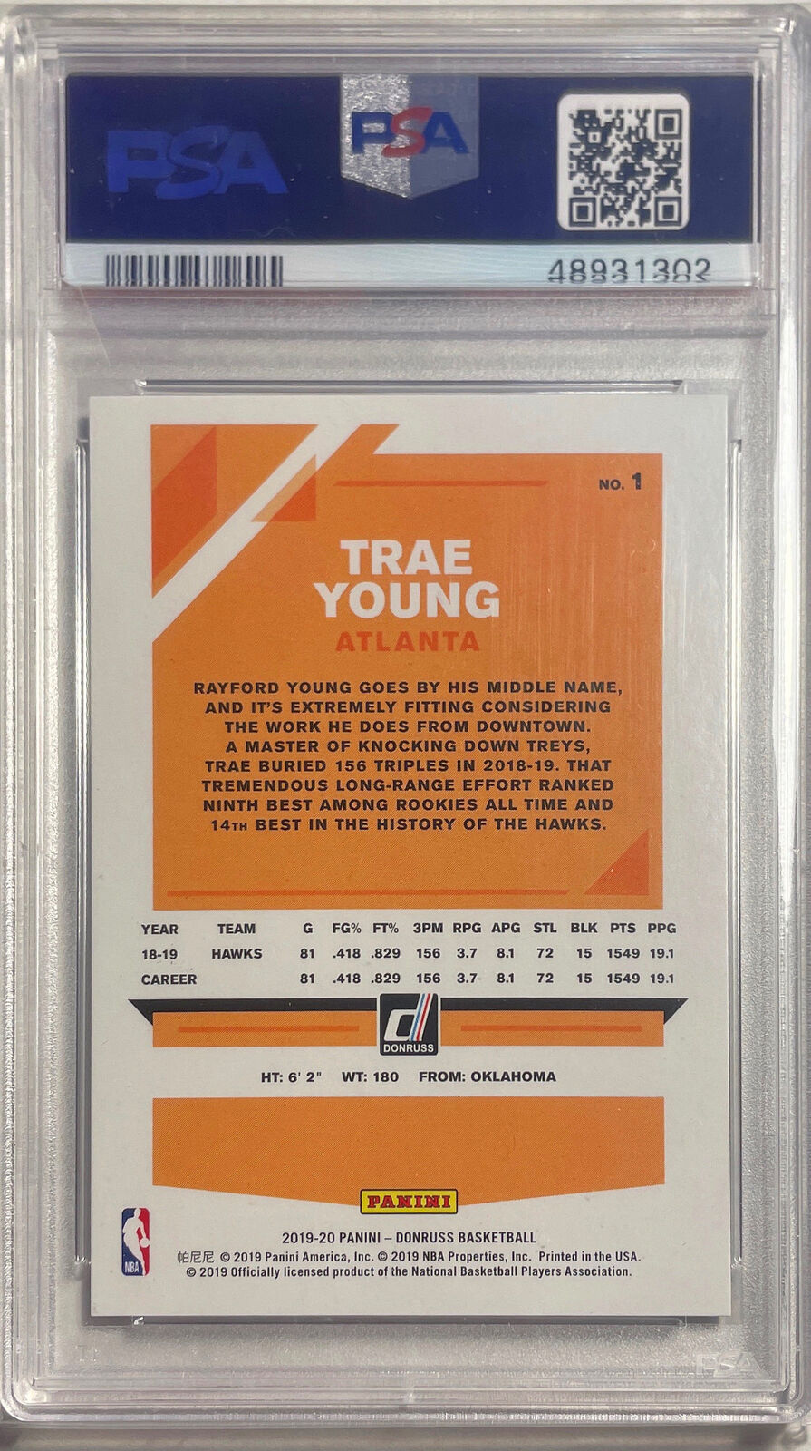 TRAE YOUNG 2019-20 PANINI DONRUSS PRESS PROOF BLUE LASER #D 37/49 PSA 9 POP 5
