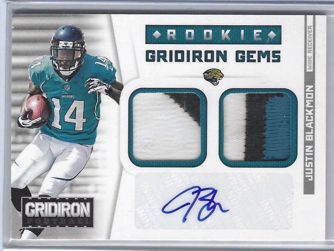 JUSTIN BLACKMON 2012 GRIDIRON FOOTBALL GRIDIRON GEMS DUAL PATCH AUTO RC #D 15/25