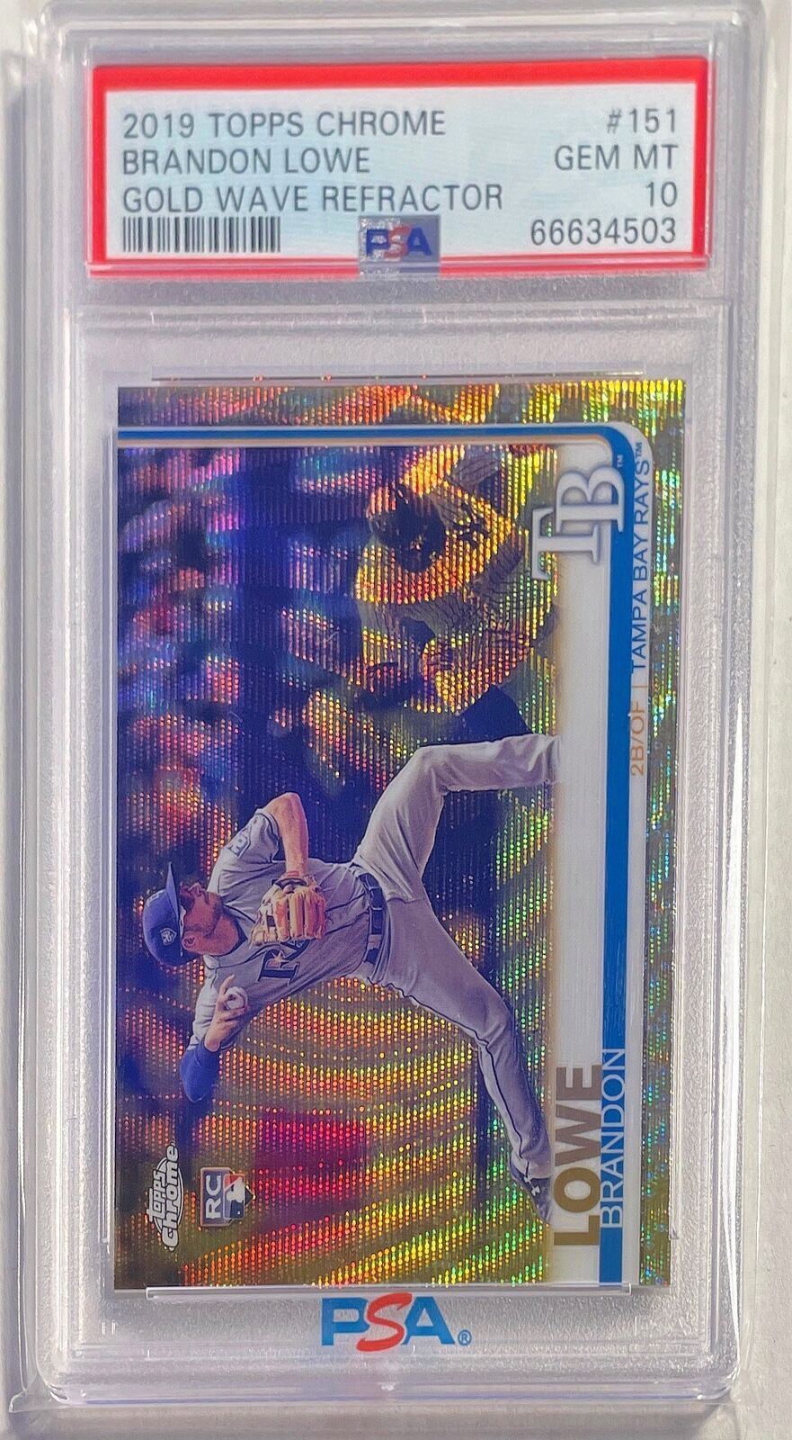 BRANDON LOWE 2019 TOPPS CHROME GOLD WAVE REFRACTOR RC #D 15/50 PSA 10 GEM POP 9