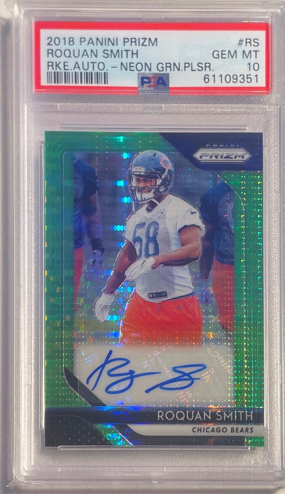 ROQUAN SMITH 2018 PANINI PRIZM NEON GREEN PULSAR AUTO RC #RS PSA 10 GEM POP 11