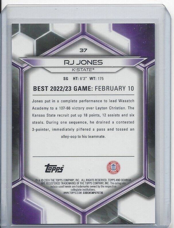 RJ JONES 2023 BOWMANS BEST GOLD KANSAS STATE REFRACTOR #D 15/50