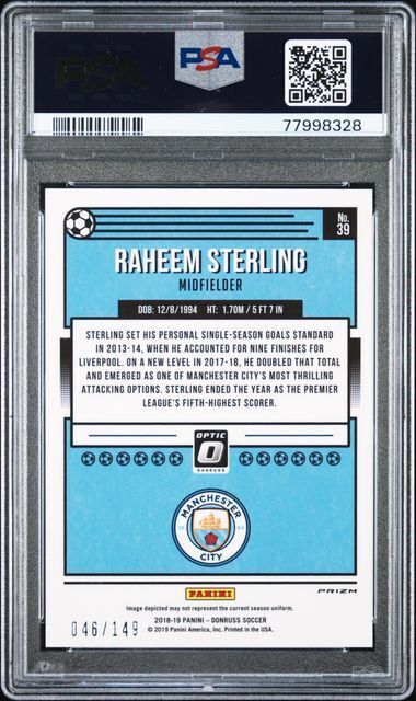RAHEEM STERLING 2018-19 PANINI DONRUSS OPTIC AQUA HOLO /149 PSA 10 GEM POP 3