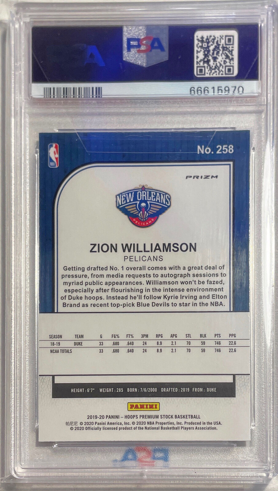 ZION WILLIAMSON 2019-20 HOOPS PREMIUM STOCK GREEN PRIZM RC #258 PSA 10 GEM MINT
