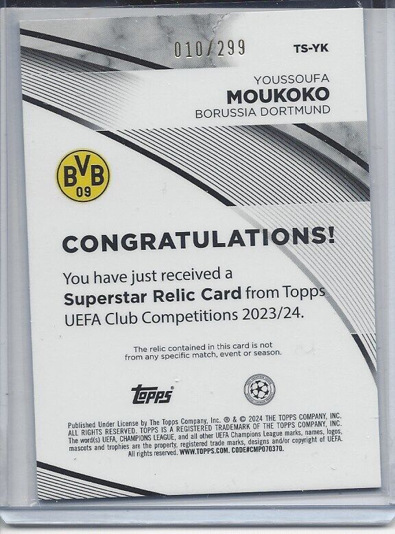 YOUSSOUFA MOUKOKO 2023-24 TOPPS UCL CLUB COMPETITIONS PURPLE WORN JERSEY #D /299