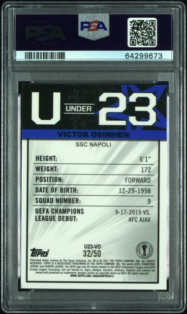 VICTOR OSIMHEN 2020 MERLIN CHROME UEFA UCL U23 STARS GOLD REFRACTOR RC /50 PSA 9