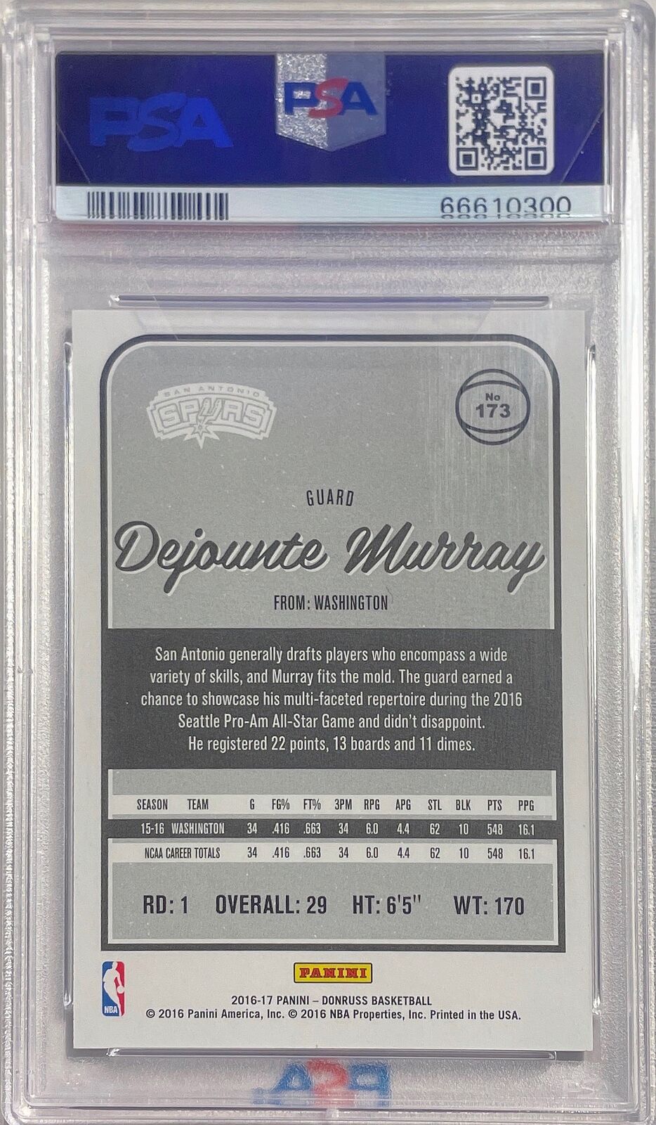 DEJOUNTE MURRAY 2016-17 PANINI DONRUSS BLUE LASER RC #D 10/49 PSA 9 MINT POP 5