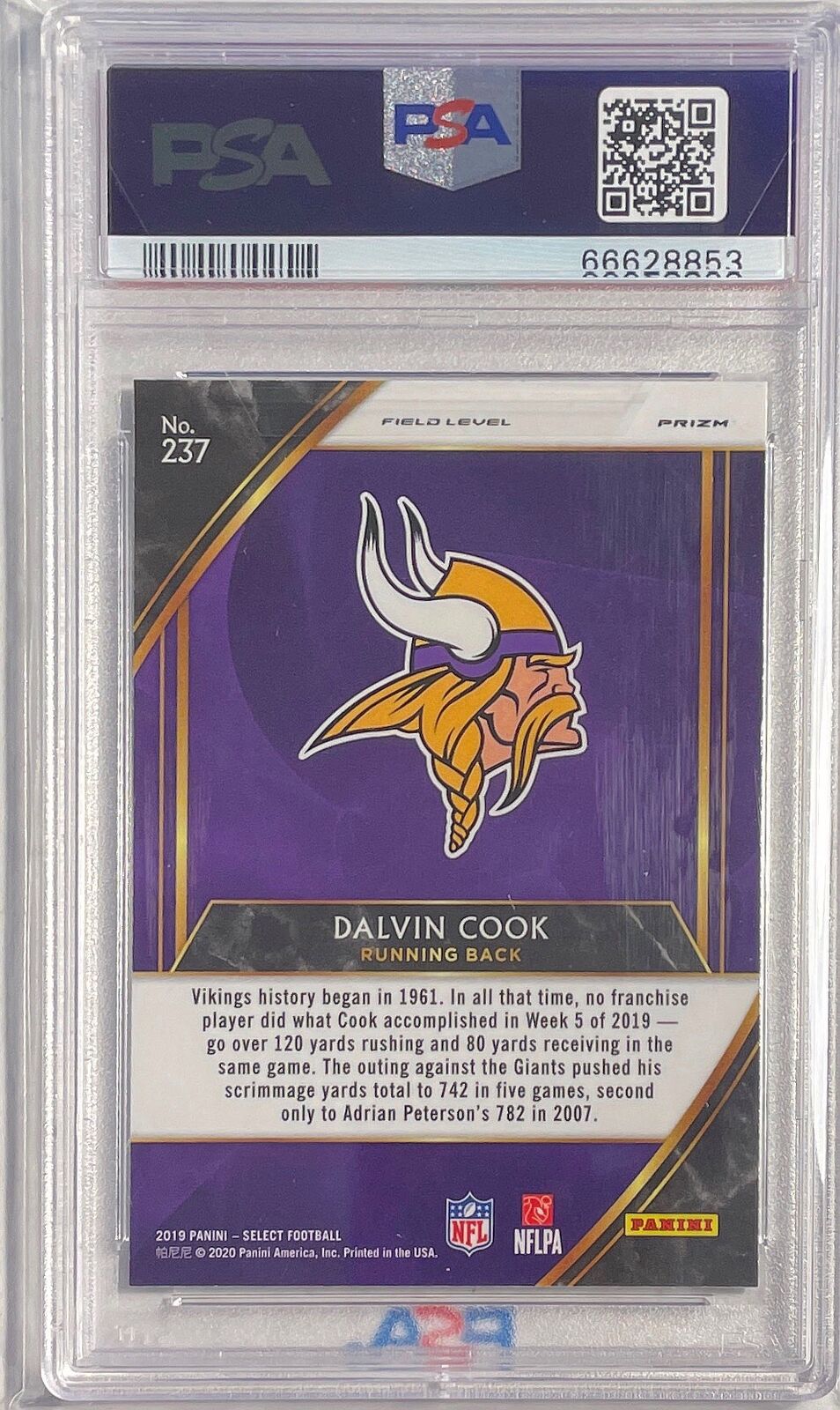 DALVIN COOK 2019 PANINI SELECT DIE-CUT ZEBRA PRIZM SSP #237 PSA 10 GEM POP 2