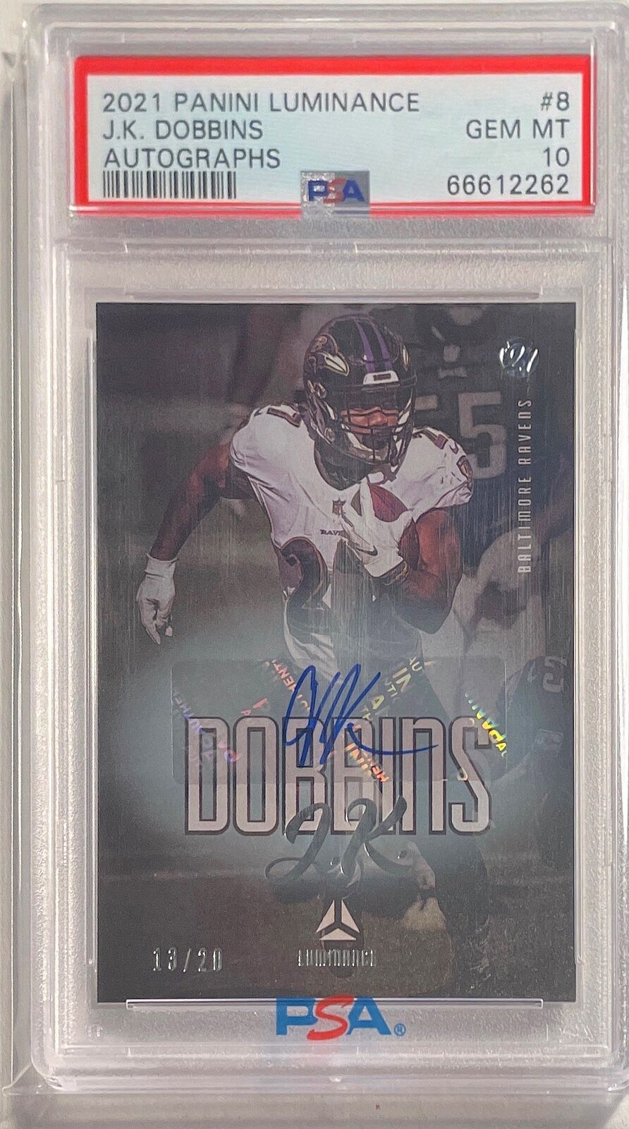 J.K. DOBBINS 2021 PANINI LUMINANCE AUTO #D 13/20 PSA 10 GEM MINT POP 1/1