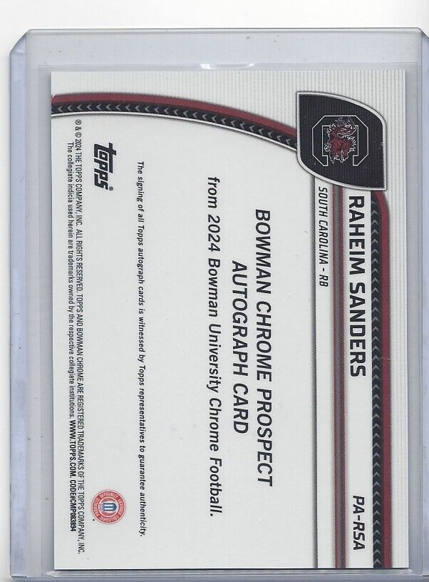 RAHEIM SANDERS 2024 BOWMAN CHROME UNIVERSITY SOUTH CAROLINA AUTO