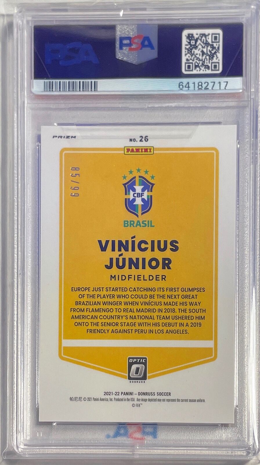 VINICIUS JR. 2021-22 DONRUSS OPTIC QATAR PURPLE VELOCITY #D 85/99 PSA 9 POP 3