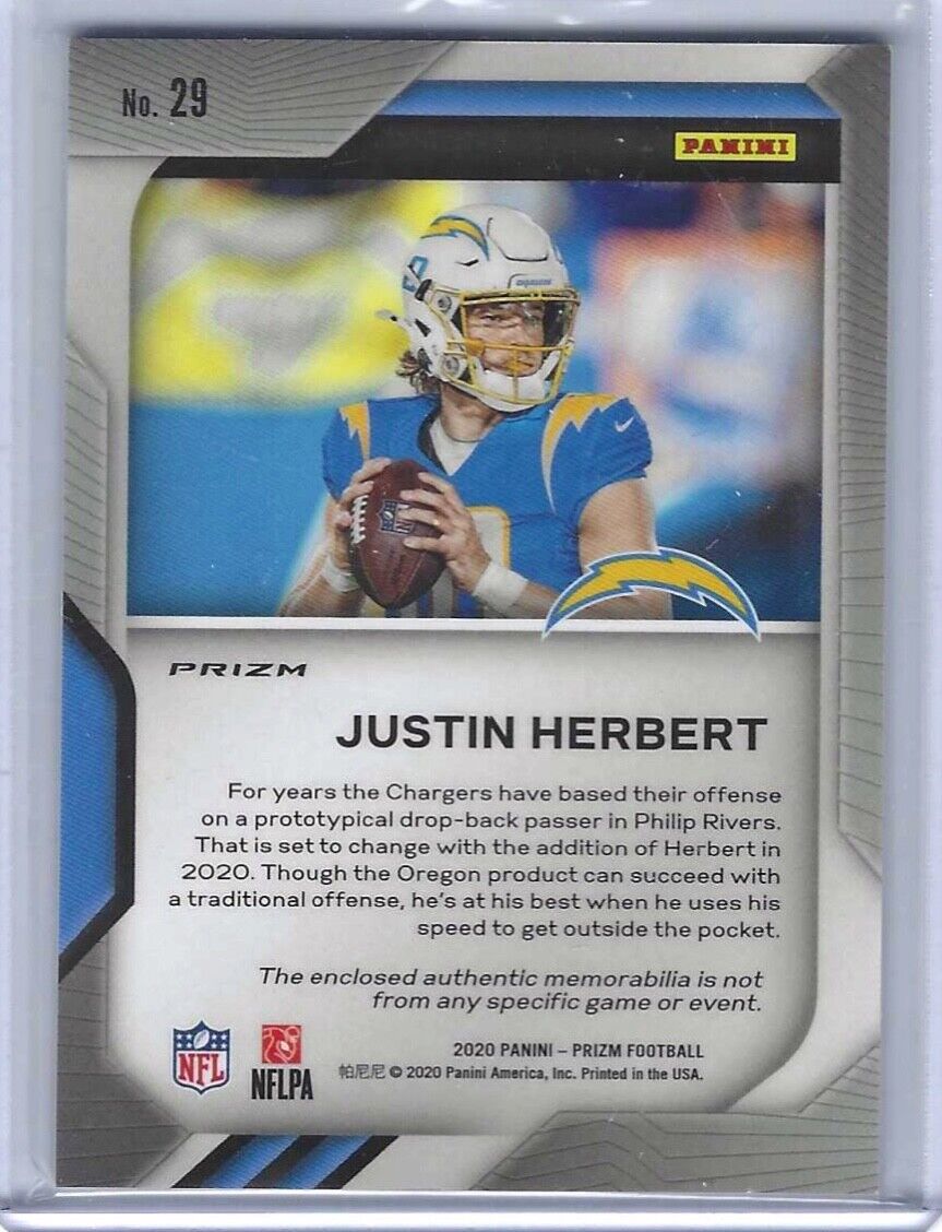 JUSTIN HERBERT 2020 PANINI PRIZM SILVER PRIZM ROOKIE PATCH RC #29