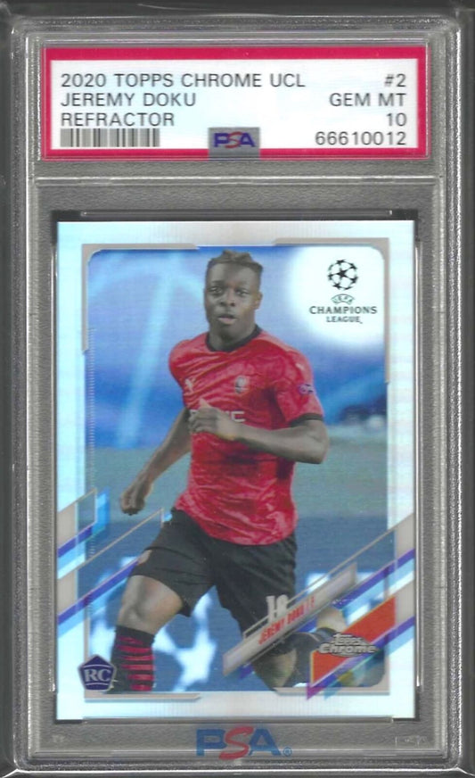 JEREMY DOKU 2020-21 TOPPS CHROME SILVER REFRACTOR RC #2 PSA 10 GEM MINT