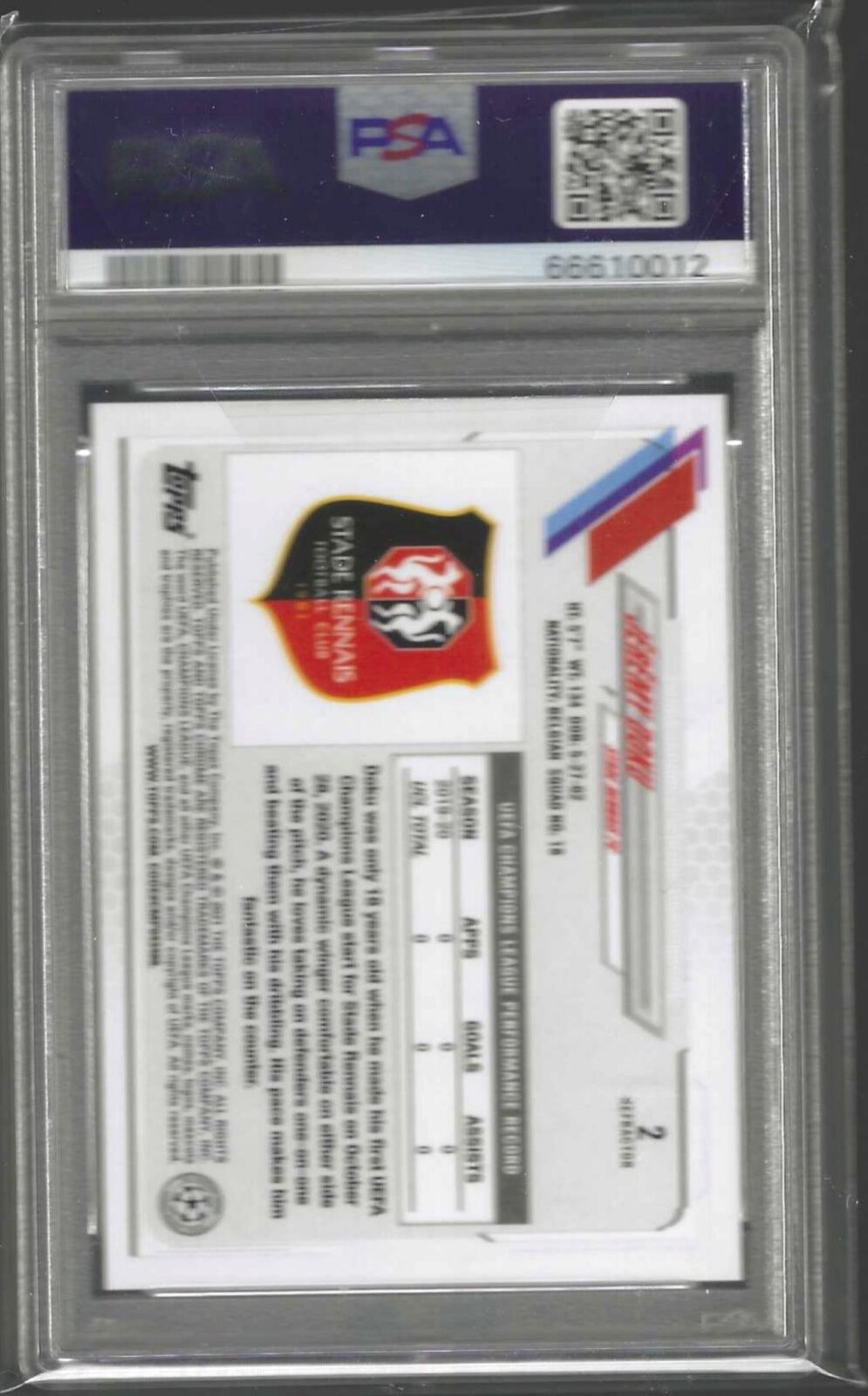 JEREMY DOKU 2020-21 TOPPS CHROME SILVER REFRACTOR RC #2 PSA 10 GEM MINT