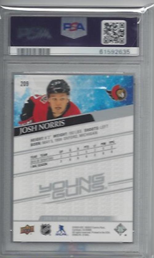JOSH NORRIS 2020-21 UPPER DECK YOUNG GUNS TRUE ROOKIE RC #209 PSA 10 GEM MINT