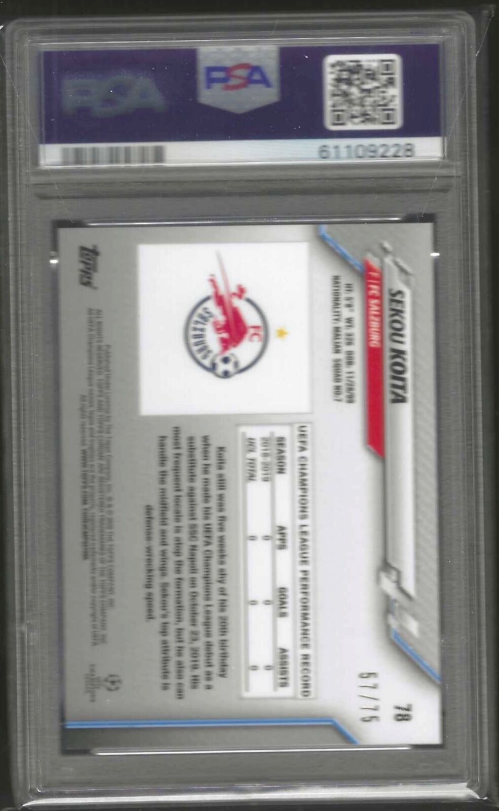SEKOU KOITA 2019-20 TOPPS CHROME BLUE WAVE REFRACTOR RC /75 PSA 10 GEM POP 3
