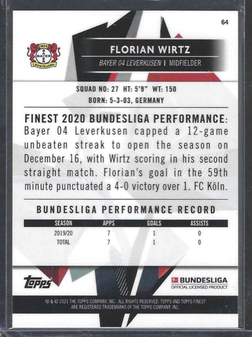 FLORIAN WIRTZ 2020-21 TOPPS FINEST BASE ROOKIE RC #64