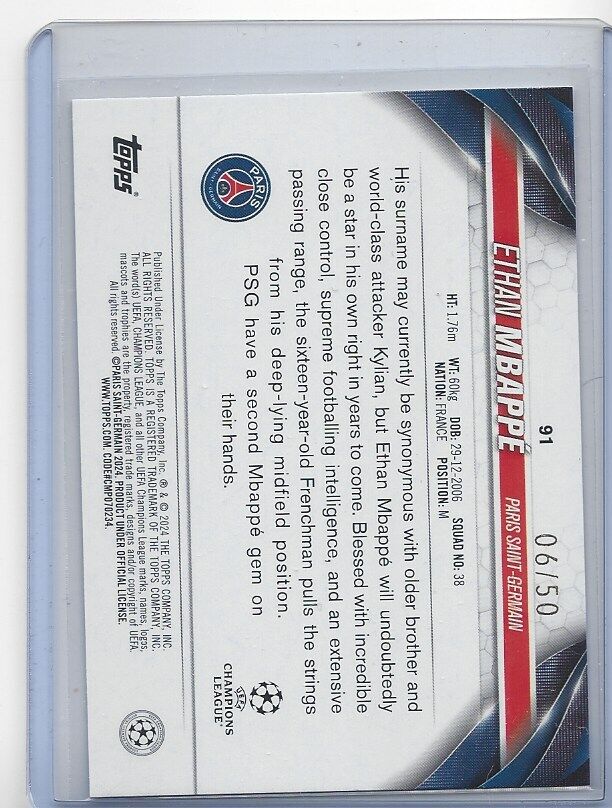 ETHAN MBAPPE 2023-24 TOPPS CLUB COMPETITIONS PSG TRUE GOLD FOIL RC #D 6/50