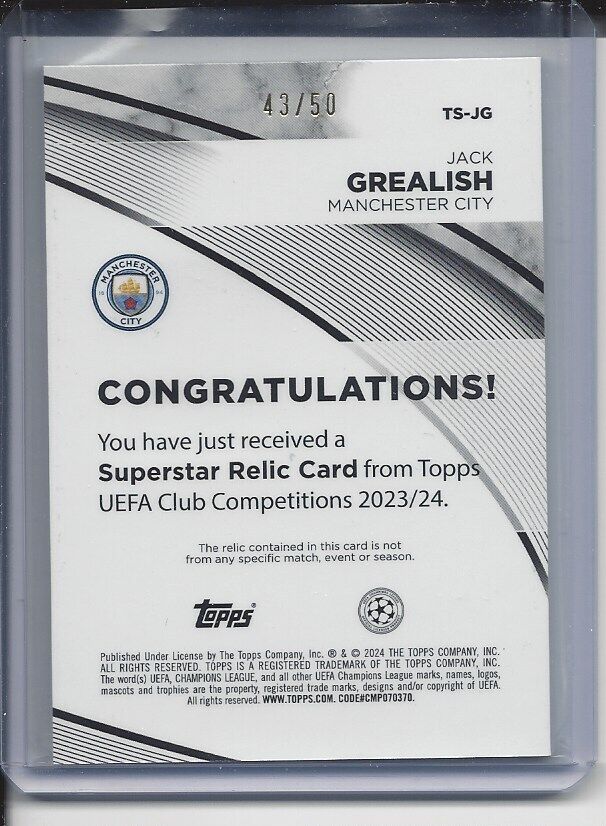 JACK GREALISH 2023-24 TOPPS UCL CLUB GOLD FOIL PLAYER WORN JERSEY PATCH #D 43/50