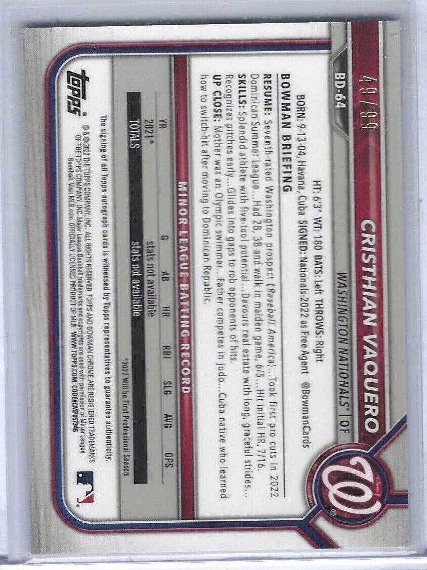 CRISTHIAN VAQUERO 2022 BOWMAN CHROME REFRACTOR VARIATION PROSPECT AUTO #D 49/99
