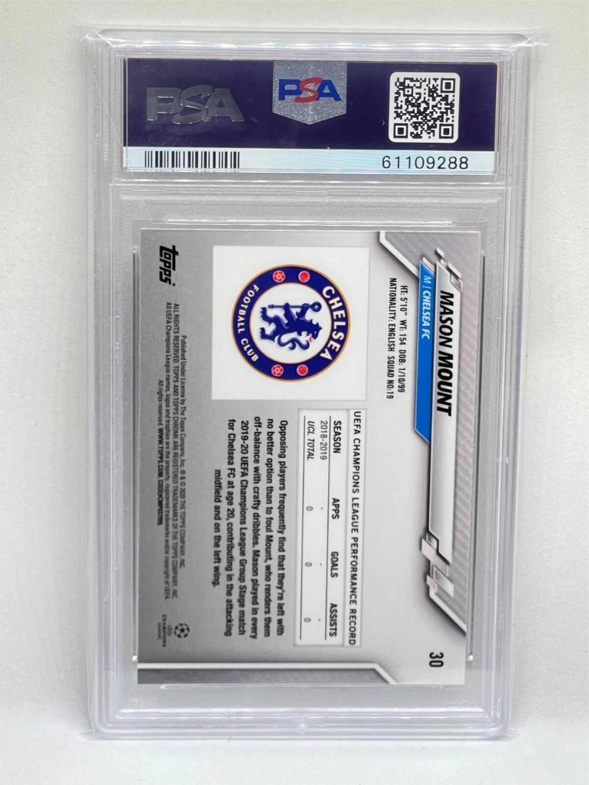MASON MOUNT 2019-20 TOPPS CHROME UCL #30 ROOKIE RC PSA 10 GEM MINT