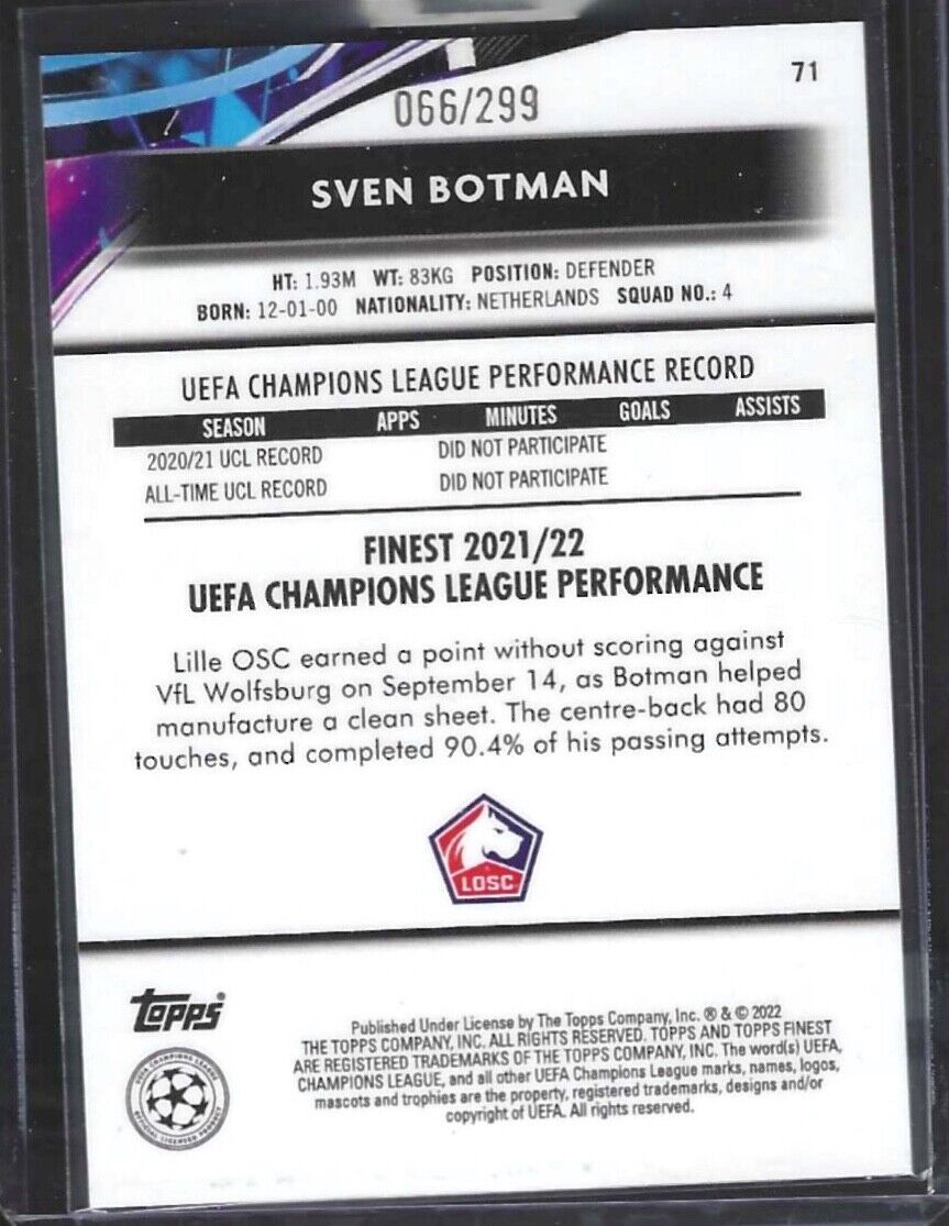 SVEN BOTMAN 2021-22 TOPPS FINEST PURPLE REFRACTOR ROOKIE RC #D 066/299