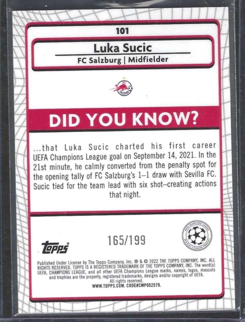 LUKA SUCIC 2021-22 TOPPS MERLIN AQUA SPECKLE REFRACTOR ROOKIE RC #D 165/199