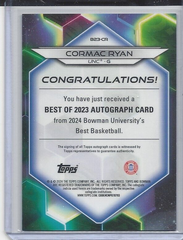 CORMAC RYAN 2023 BOWMAN'S BEST UNIVERSITY GOLD GEOMETRIC REFRACTOR AUTO /50
