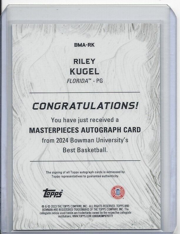 RILEY KUGEL 2023 BOWMAN'S BEST UNIVERSITY MASTERPIECES GOLD REFRACTOR AUTO /50